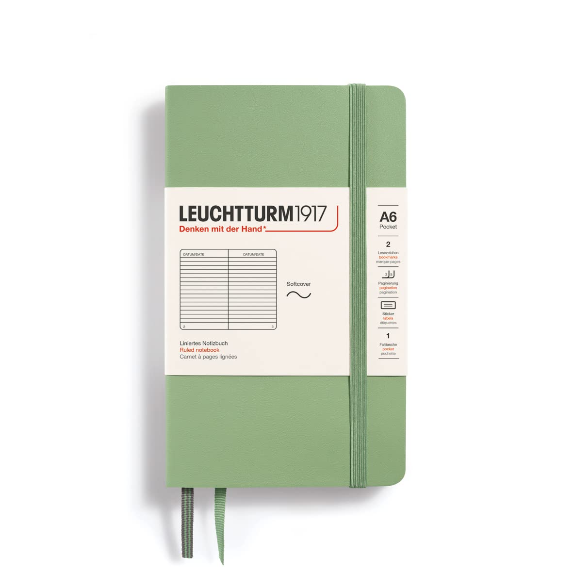 LEUCHTTURM1917 363951 Notebook Pocket (A6), Softcover, 123 Numbered Pages, Sage, Ruled — image 1