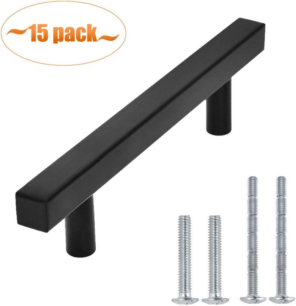 Aybloom Cabinet Handles - Pack of 15 Black Square T Bar Kitchen Cabinet Handles Drawer Pulls for Kitchen Furniture Hardware (Overall Length: 6", Hole Center: 3-3/4'')