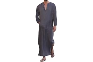 Jacansi Men's V-neck Short Sleeve Robe Side Split Kaftan Cotton Long Gown Thobe S-3XL
