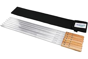 Goutime 23 X 5/8 Inch Stainless Steel Shish Kabob Barbecue BBQ Skewers with Wood Handle for Outdoor Cooking Grilling, Set of 7 with Bag