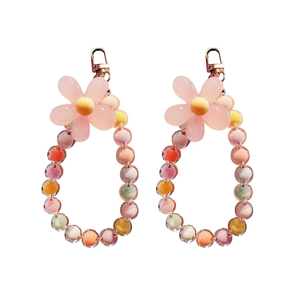 HugeDE 2 Pcs Beaded Mobile Phone Straps With Flower Hand Wrist Lanyards and Chain Strings for Women Girls