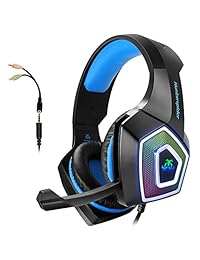 Auriculares para videojuegos con micrófono para Xbox One PS4 PC Switch Tablet Smartphone, Auriculares estéreo sobre oídos graves de 0.138 in Micrófono cancelación de ruido 7 LED luz suave de memoria (adaptador gratuito)