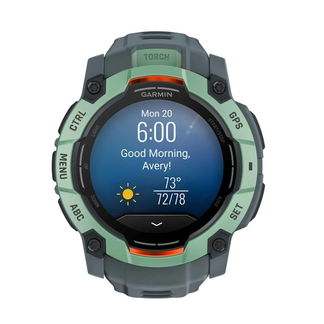 Garmin Instinct® 3 50mm, AMOLED Display, Rugged Outdoor GPS Smartwatch, Metal-Reinforced Bezel, Built-in Flashlight, Up to 18 Days of Battery Life, Neo Tropic/Twilight Image