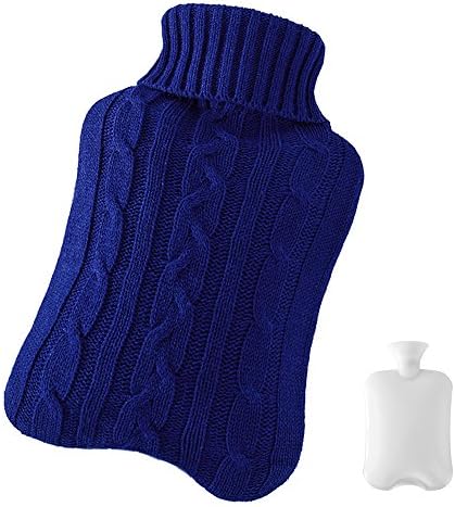 Seacan Premium Rubber Hot Water Bottle With Fleece Cover, Classic For Pain Relief ,With Knitted Bottle Cover ,2 Liters,Removable Fleece Faux Fur Animal Cover (Blue)