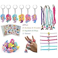 27 pcs Mermaid Party Supplies, 6 Mermaid Necklaces +6 Mermaid Bracelets +6 Mermaid ring +6 Mermaid Keychains+3 Mermaid Tattoos Birthday Party Favors for Girls, Perfect Mermaid Gifts