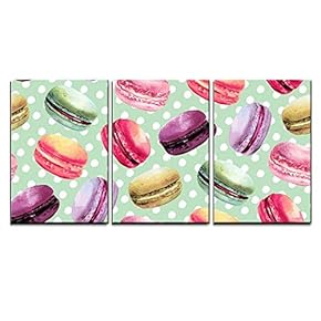 3 Piece Canvas Wall Art - Watercolor Macaron Seamless Pattern. French Dessert Modern Home Art Stretched and Framed Ready to Hang - 16"x24"x3 Panels