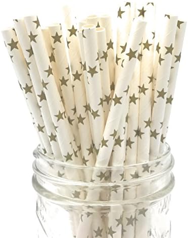 Leboha Paper Straws Assorted Colors Biodegradable And Non-Bleached, Pack of 50 (Gold Star)