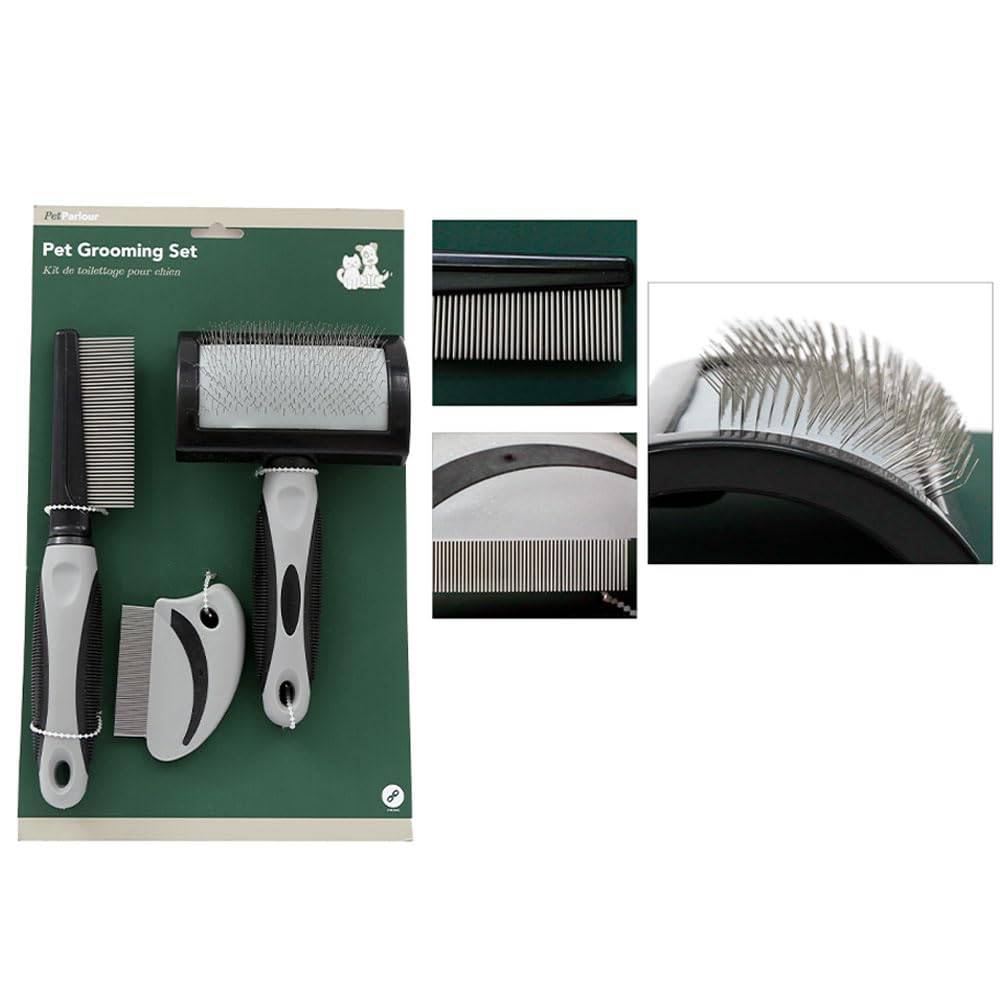 Zopper Pet Grooming Set Of 3 for Dog Cat Groom Kit Hair Brush Long & Short Hair Massage Brush Self-Cleaning Shedding Medium Stainless Lice Comb Rounded Teeth, Professional Pet Tear Stain Remover