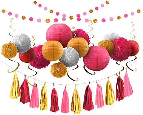 Voplop Party Tissue Decorations of 35 pcs - Paper Pom Poms and Lanterns - Circle and Tassel Garlands - Glitter Hanging Swirls - for Baby Showers - Birthday Party - Weddings