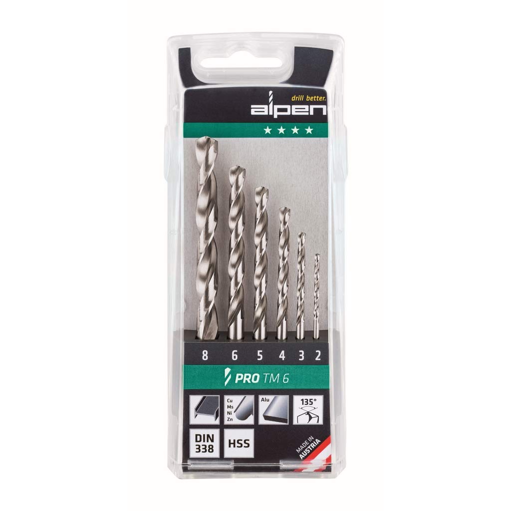 Alpen 1 twist drill bit set HSS PRO TM 6 with plastic case (6 pieces, diameter 2.0/3.0/4.0/5.0/6.0/8.0 mm)