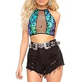 Novia's Choice Women Shiny Sequin Sexy Mesh Stitching Vest Top Rave Halter Backless Crop Top