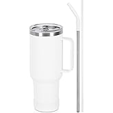 Temolulu 40 Oz Tumbler with Handle and Straw, Stainless Steel Double Wall Vacuum Insulated Cup, 40 OZ Travel Coffee Mug Bulk with Silicone Water Bottle Boot(White)