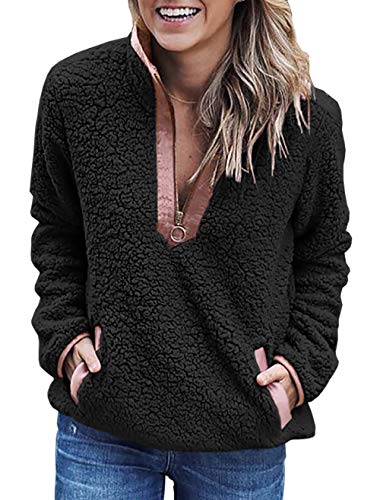 BTFBM Womens Fleece Sherpa Fuzzy Zipper Long Sleeve Loose Pullover Fashion Contrast Color-Block Pockets Sweatshirt Outwear (Black, Medium)