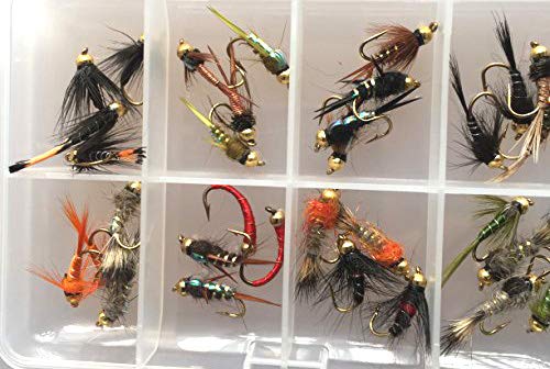 Fly Fishing Flies NYMPH BEAD HEAD selection 32 Flies for trout fishing supplied with FREE clip shut fly box #341