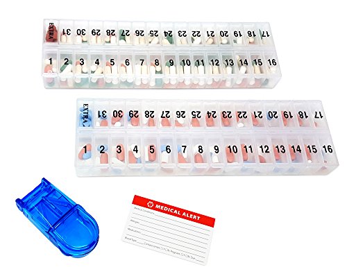   New Large Monthly Vitamin Organizers with Deep Compartments for AM or PM use. Set Includes (2) Vitamin Organizers for the Entire Month's Medication, Pill Splitter & Medical Emergency Card.