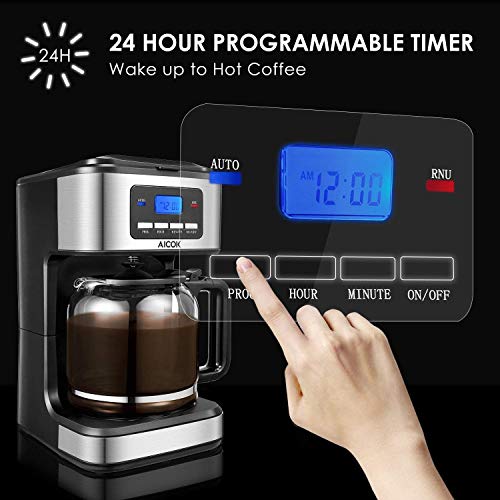 Aicok Coffee Maker, 12Cup Programmable Drip Coffee Brewer with glass