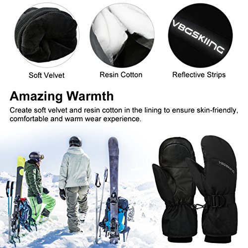 VBG VBIGER Ski Mittens Warm Winter Mittens Waterproof Ski Gloves Snow Snowboard Gloves Black Cold Weather Mittens for Women Men (Large, Black)