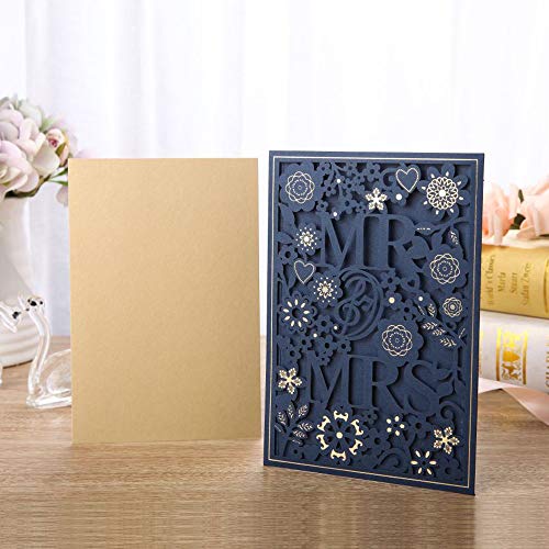 Gold Fortune 50PCS Blue Laser Cut Wedding Invitation Cards Kit with Hollow Flora Favors