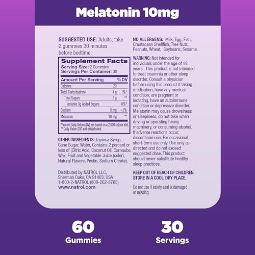 NATROL MELATONIN GUMMIES, SLEEP SUPPORT FOR ADULTS, 10 MG MELATONIN SUPPLEMENT FOR SLEEPING, 60 STRAWBERRY-FLAVORED GUMMIES, UP TO A 30 DAY SUPPLY