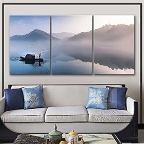 3 Panel Canvas Wall Art - Fisherman Casting a Net in a Boat on The Foggy River - Giclee Print Gallery Wrap Modern Home Art Ready to Hang - 16"x24" x 3 Panels