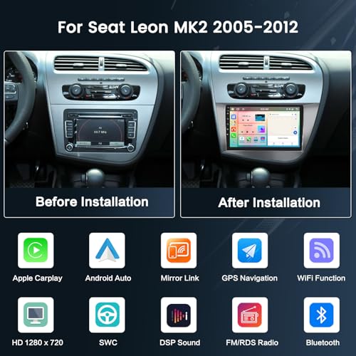 Inefala 8 Core 4+64G Radio for Seat Leon MK2 2005-2012 Android 15 with Wireless Carplay and Android Auto, 9'' Touch Screen Stereo Radio with Bluetooth 59UI 32 EQ DSP GPS FM/RDS SWC AHD Reverse Camera