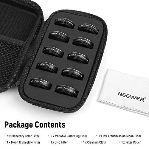 NEEWER 1.25' Telescope Eyepiece Filter Set (10 Pack), Including Planetary, Variable, UHC, Lunar & Starglow Filters for Moon Observation