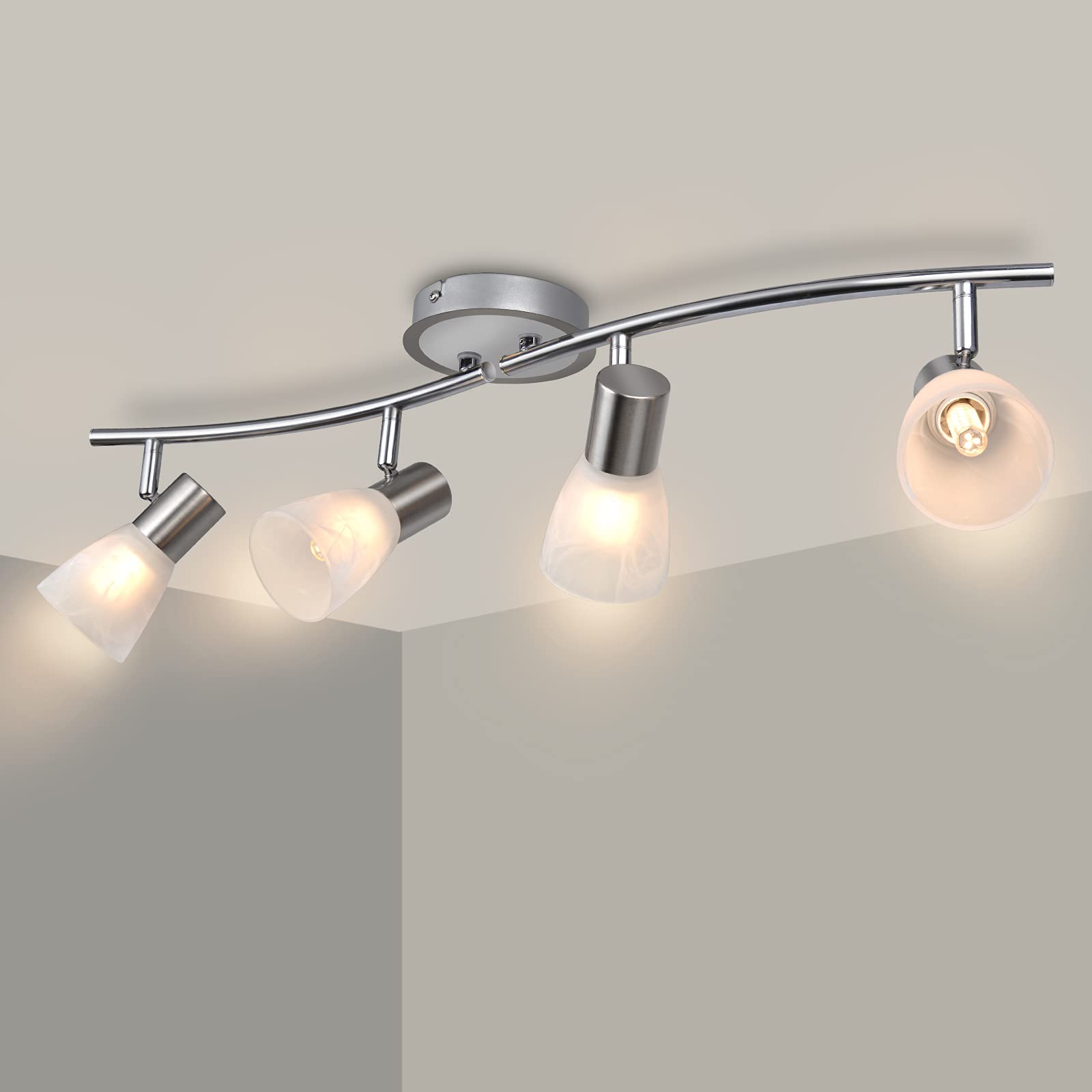 Photo 1 of HiBay LED Track Lighting Fixtures, Rotatable 4-Light Ceiling Light Kit, Modern Kitchen Spotlight White with Glass Lampshade for Living Room Bedroom Dining Room, E12 Base (Bulbs Not Included)