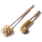 MI BRUSHAX 2-Piece Wooden Bottle Brush Set - Includes Tapered Cup Brush &amp; L-Shape Coconut Scrubber - Beech Wood Cleaning Kit for Water Bottles, Glassware &amp; Vases