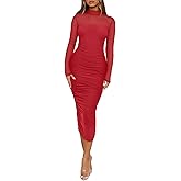 REORIA Women's Summer Mesh Sheer Short Sleeve Midi Ruched Bodycon Dress Mock Neck Elegant Evening Party Cocktail Dresses
