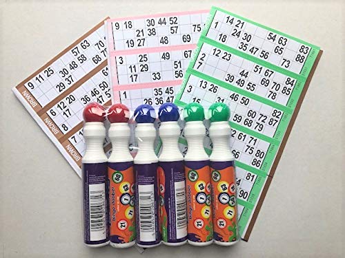 Funx Bingo Dabbers 6 Large 40ml with 3 books of bingo cards each containing 18 games (2 each of Red, Green, Blue - non leak design)