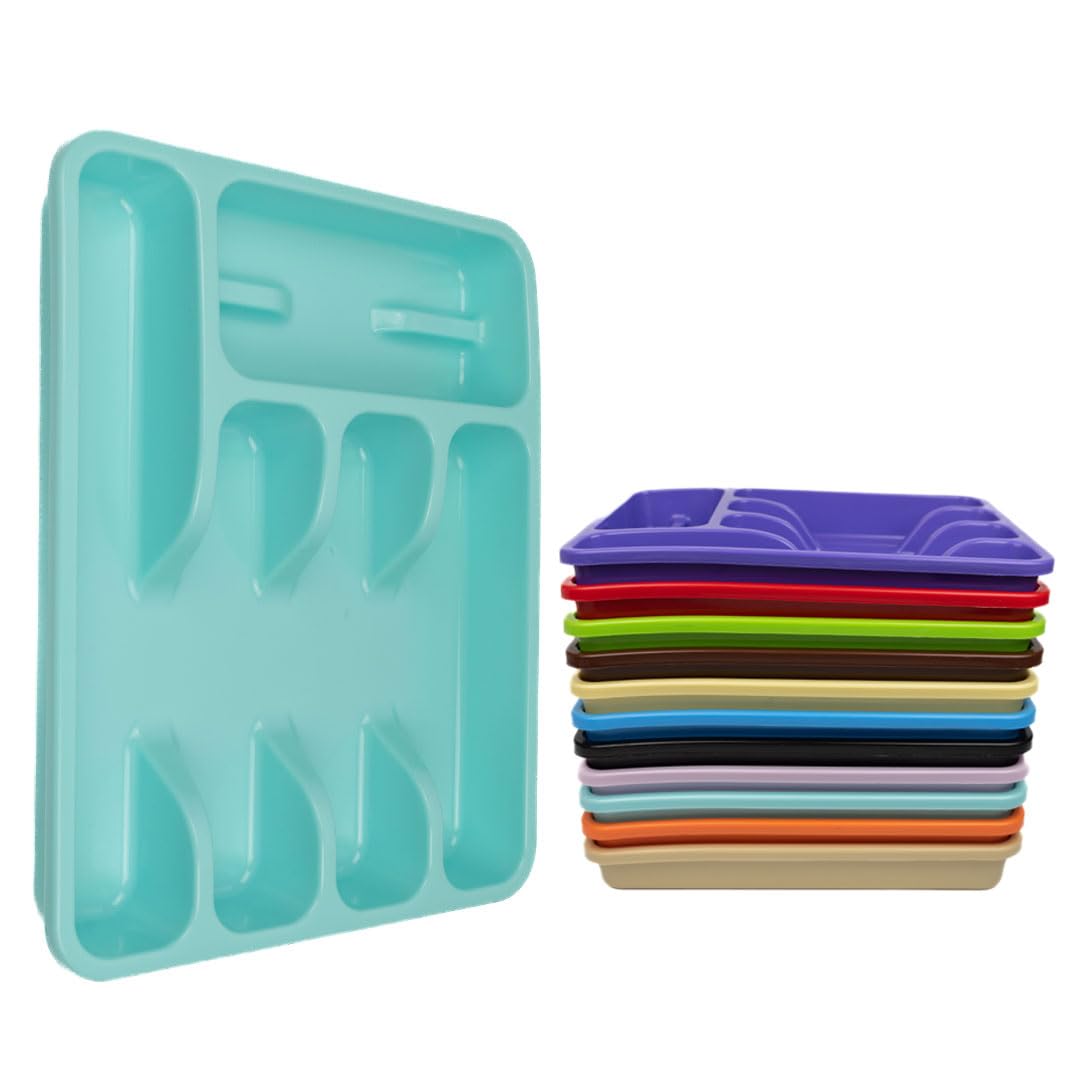 ECO Plastic Large Cutlery Drawer Organiser | 6 Compartment Cutlery Tray for Drawers | Multi Color Cutlery Trays for Kitchen Drawers | Kitchen Drawer Organiser for Forks, Spoons & Knives (Turquoise)