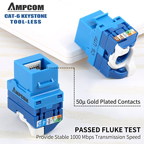 5-Pack CAT6 Tool Less Keystone Jack,AMPCOM RJ45 Self-Locking Cat.6 Keystone Module Adapter No Punch-Down Tool Required Couplers for Wall Plate UTP Blue