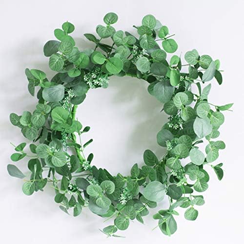 Yfzymm 18インチ 人工グリーンリーフリース ユーカリリリース ラウンドグリーンリース 壁 フロントドア 屋外グリーンリース 窓 パーティー装飾 爆買い送料無料