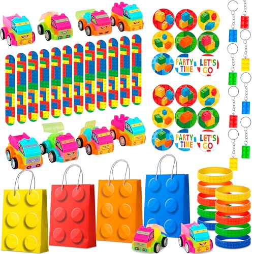 62 Pcs Building Blocks Party Favors Set- Building Block Favor Bags Keychains Slap Bracelets etc Building Block Themed Party Favors