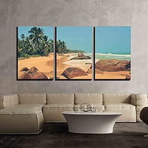 3 Piece Canvas Wall Art - Tropical Beach with Palm in Sri Lanka. Vintage Effect - Modern Home Art Stretched and Framed Ready to Hang - 16"x24"x3 Panels