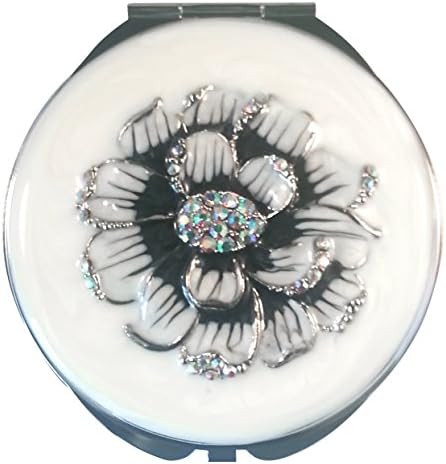 Ashley Moore Jeweled Compact Mirror - Beautiful Vintage Style Round Design Enamel Finish & Crystal Adorned Flower - Double Sided Mirror with 1X & 2X Magnification - 2-3/4" Size - More Portable Than a Vanity Mirror (ivory)