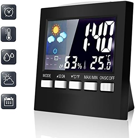 Winfi Digital Indoor Weather Thermometer, Weather Station, Weather Channel Thermometer, Temperature and Humidity Monitor with Alarm Clock, Time Date and Night Lighting LCD Screen Displaying,Black