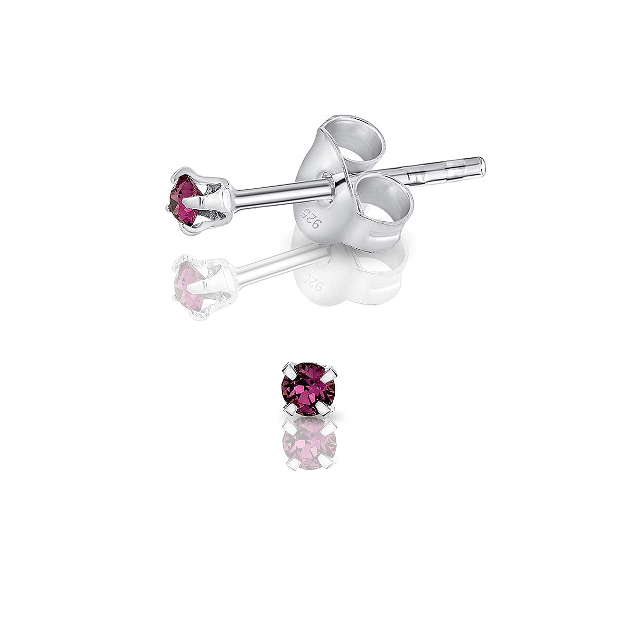 925 Sterling Silver Round Tiny Stud Earrings made with Glittering Crystals - Small Silver Studs Earrings for Woman - Diameter: 2 mm - Colour : Purple Amethyst