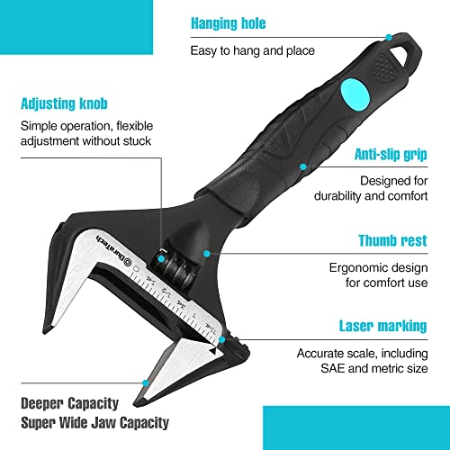 DURATECH 8-Inch (200 mm) Adjustable Wrench, Wide Jaw Large Opening Black Oxide Finish Plumbing Basin Wrench, Hand Repair Tool, Cr-V Steel, SAE and Metric Scale Marked, Ergonomic Grip