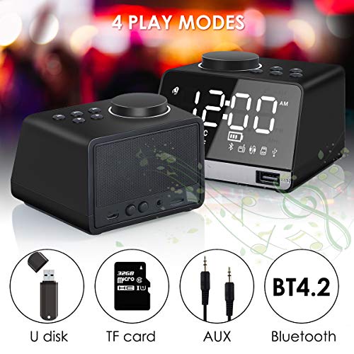 Alarm Clock Radio,Leyeet Wireless Bluetooth Speaker,USB Charger,TF Card Play, Thermometer, Large Mirror LED Dimmable Display AUX-in Function Hotel,Home,Office,Bedroom,Travel Black