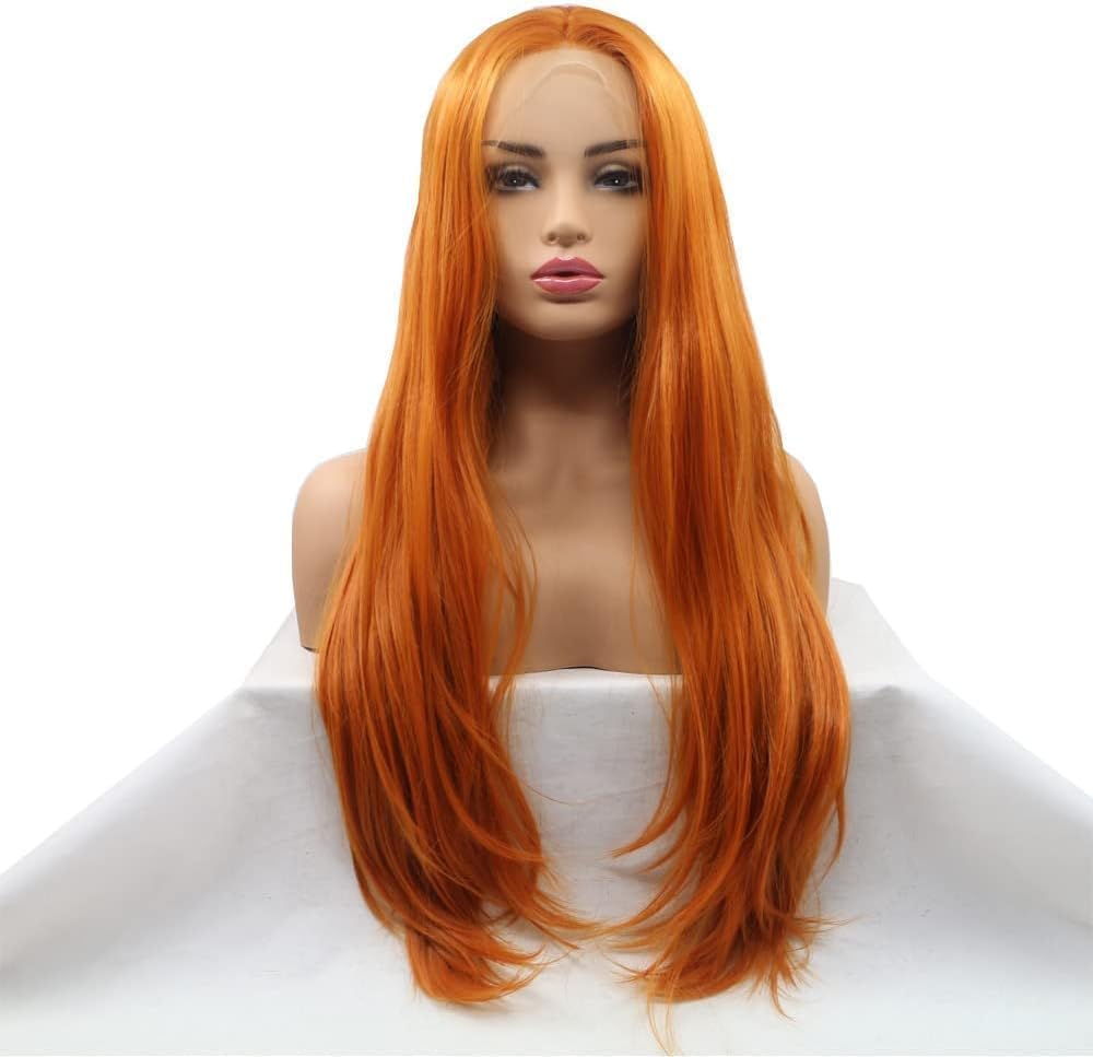 Xiweiya Ginger Orange Wigs Long Silky Straight 13x3 Lace Synthetic Wigs Auburn Copper Wig Middle Part Glueless Hair Heat Resistant Fiber Hair Styles for Women Halloween Cosplay 24"
