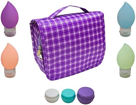 Hanging Toiletry Travel Kit | Oranizer Bag with 3oz Silicone Bottles and Cream Containers (Purple)