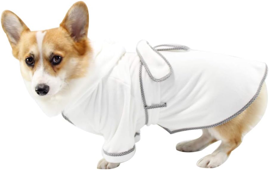 Dog Bathrobe, Microfiber Fast Drying Absorbent Hooded Bath Towel for Cats Puppy Small Medium Dogs White S