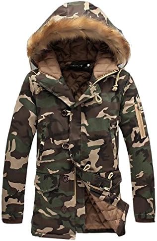 xiaokong Men Fashion Midi Length Camo Plus Size Hood Fur Collar Winter Coat Army Green 2XL