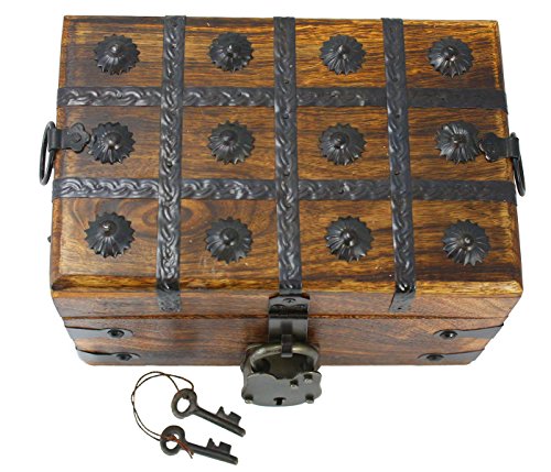 Well Pack Box Wooden Pirate Treasure Chest 8" x 6" x 5" Medium Authentic Includes Antique Strong Iron Lock With 2 Skeleton Keys Great For Parties, Halloween, Holidays and Birthdays