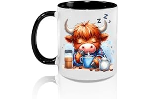 Cute Sleepy Highland Cow Coffee Mug, 325 ml 11 oz, Black Handle, Dishwasher Safe, Microwave Safe