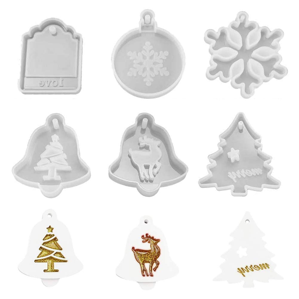 JAHEMU Christmas Silicone Moulds Resin Mould Pendant Jewelry Resin Casting Molds Epoxy Resin Molds for Making Xmas Tree Ornament DIY Craft 6pcs