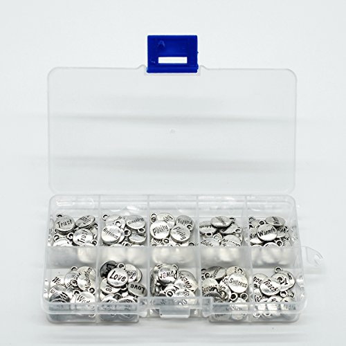 100PCS 10 Words Inspirational Charms Collection, Silver Tone Round Charm Pendants, Vintage Jewelry Supply Lot, C39