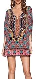 Women Bohemian Neck Tie Floral Print Ethnic Style Shift Dress