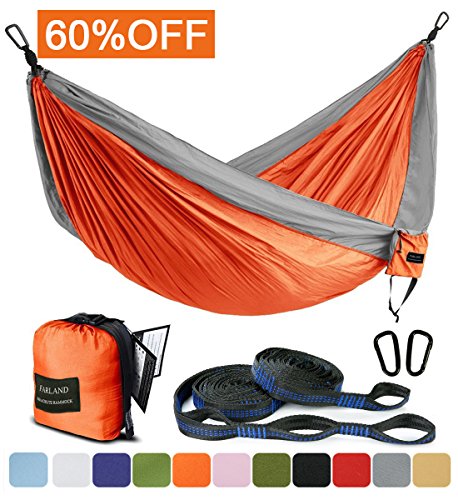 FARLAND Outdoor Camping Hammock - Portable Anti-fade Nylon Double Hammock with 2 Piece 16 Loop Straps by Parachute Lightweight Hammock for Hiking Backpacking